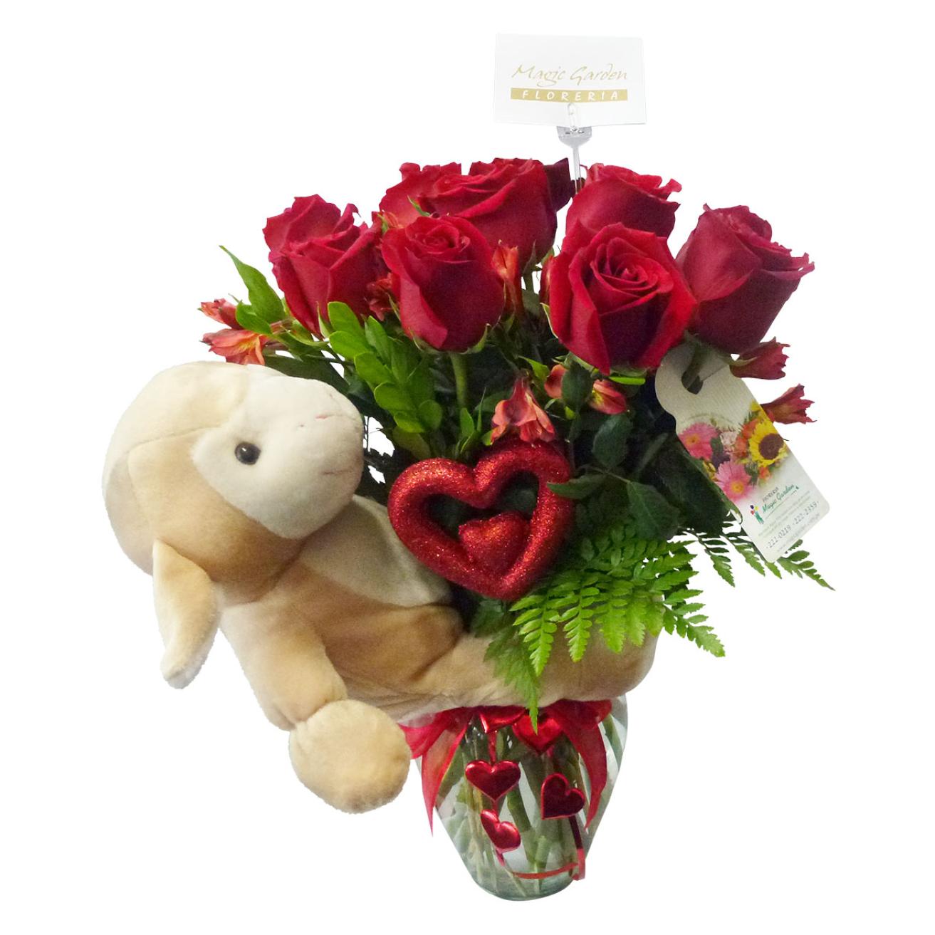 Jarron de rosas con peluche